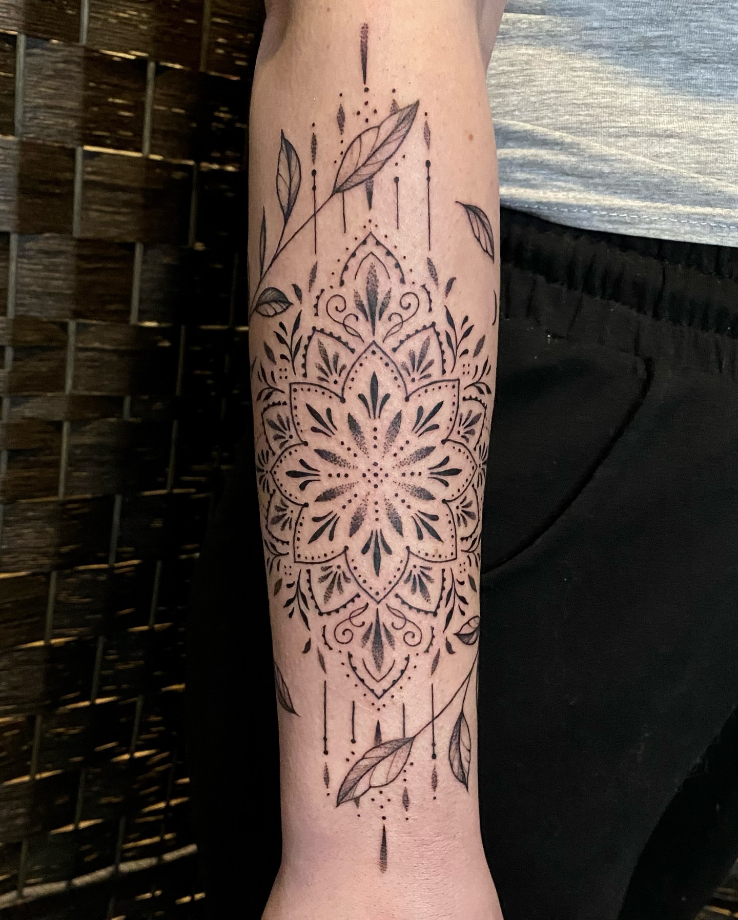 Mandala dotwork tattoo on the forearm by Rose Ulinski