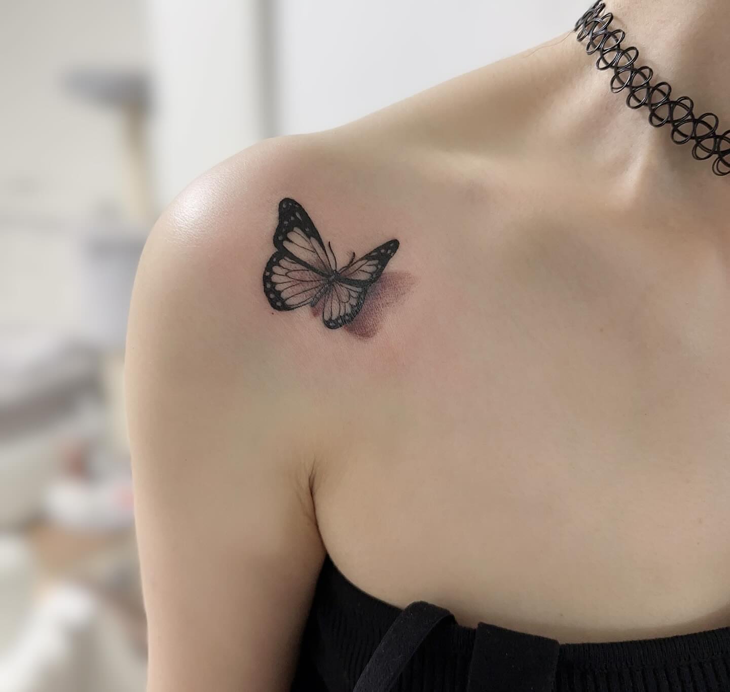 Butterfly realism tattoo on the shoulder by mia's tattoo, Los Angeles, California
