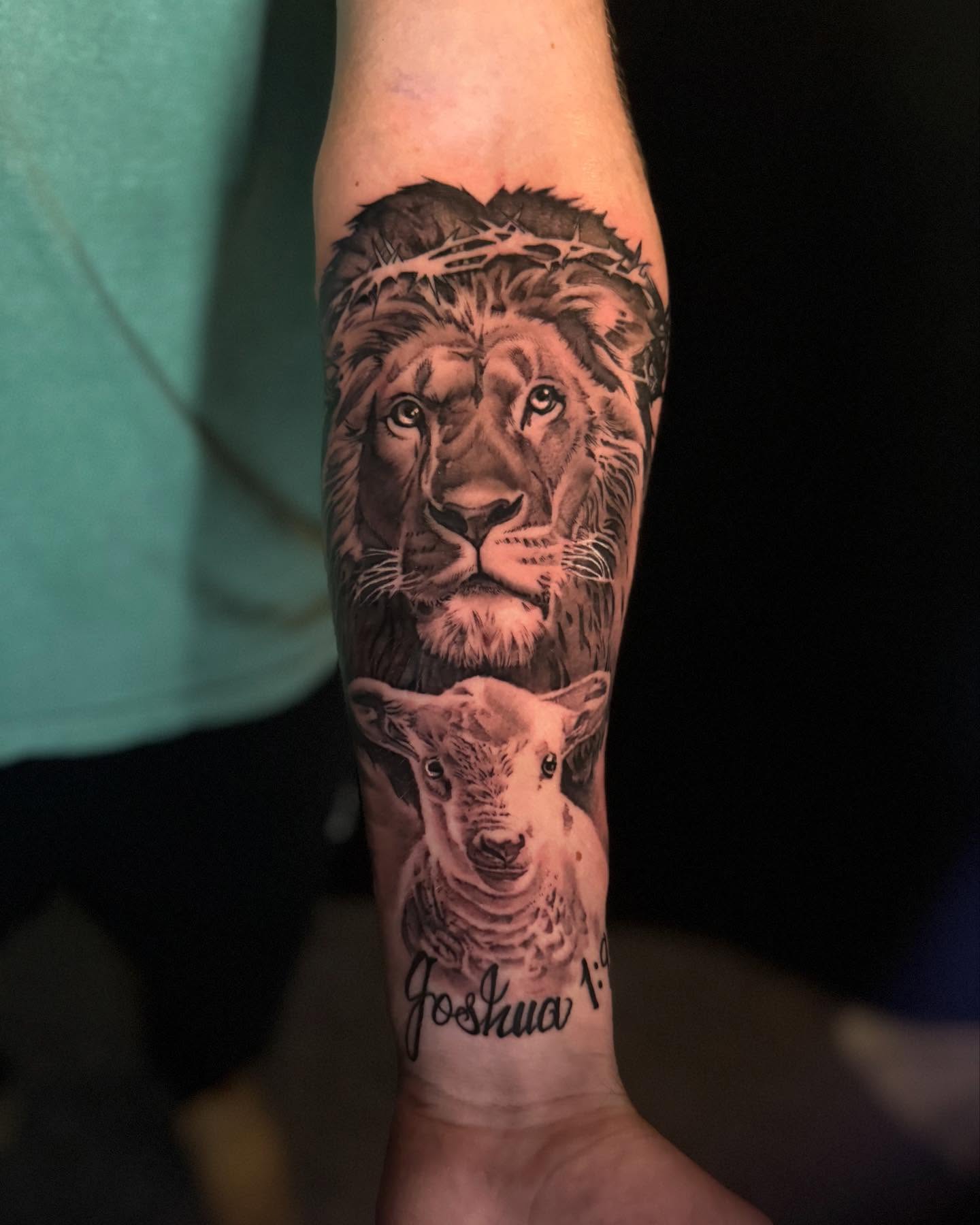 Lion and lamb realism tattoo on the forearm by 🦇💀Matt Perlman💀🦇