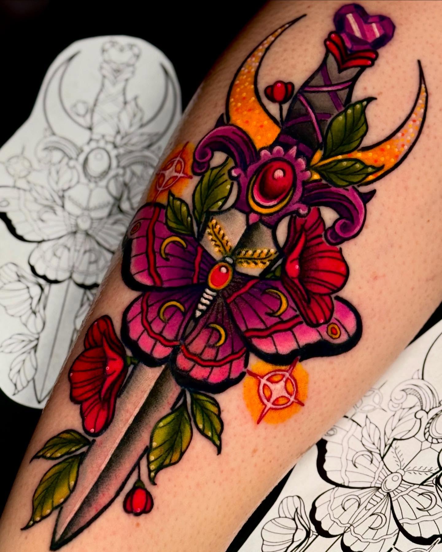 Butterfly and dagger American traditional tattoo on the forearm by Brianna Dickson