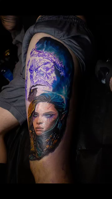 Woman and cosmic background realism tattoo by Zac Pedrosa