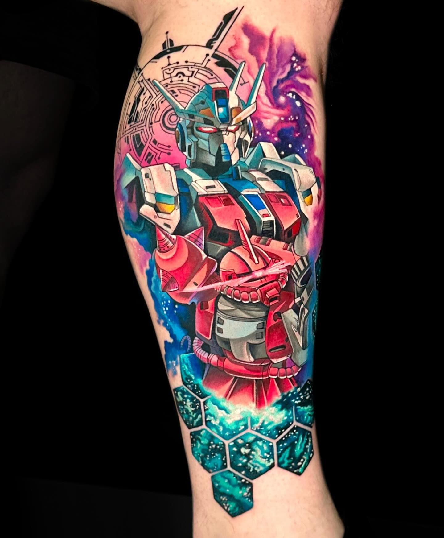 Mecha anime tattoo on the forearm by Chynna J El-Ayazra