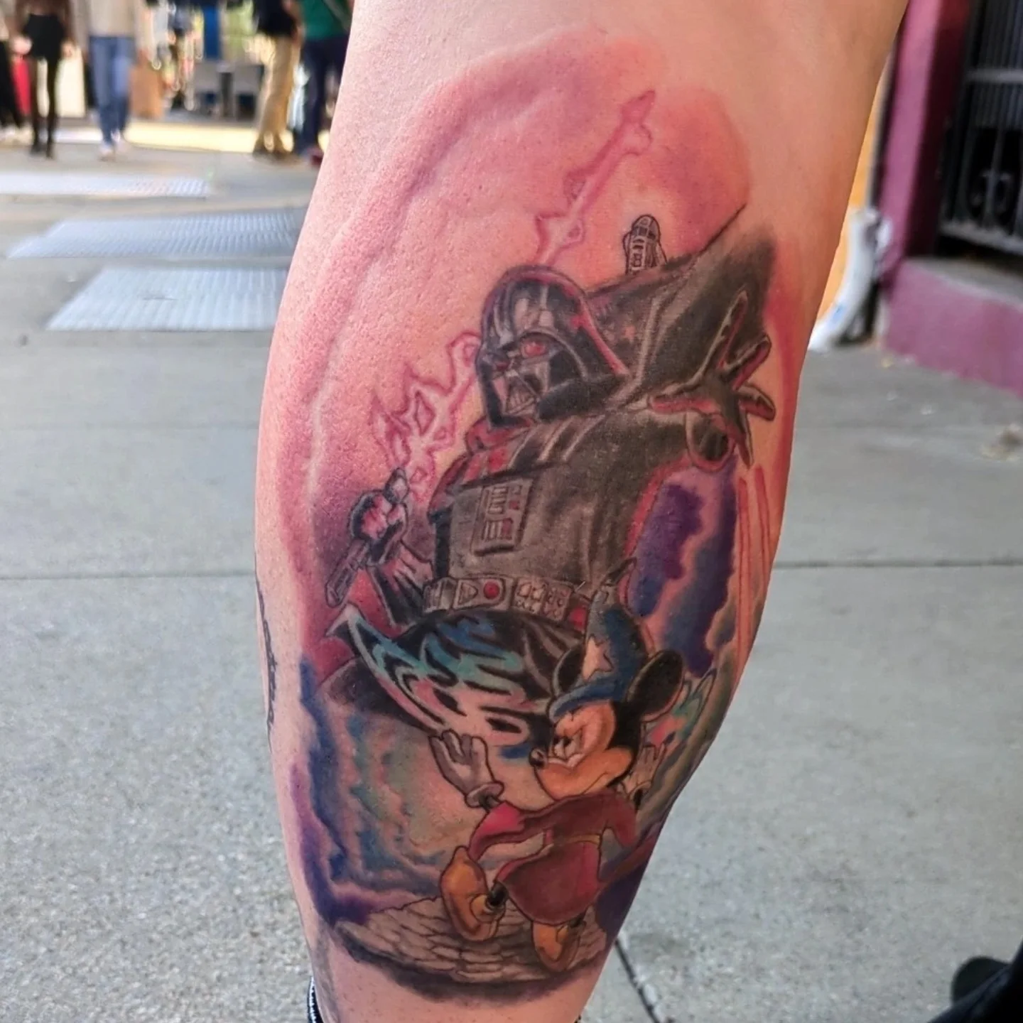 Darth vader and mickey mouse dotwork tattoo on the forearm by Lahel (Lay-el) Fowler