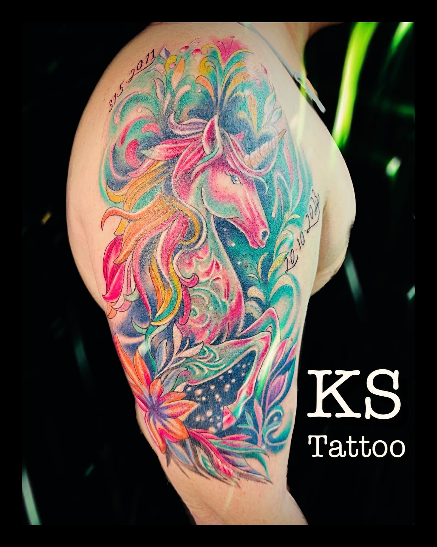 Unicorn new school tattoo on the shoulder by Karen Smith
