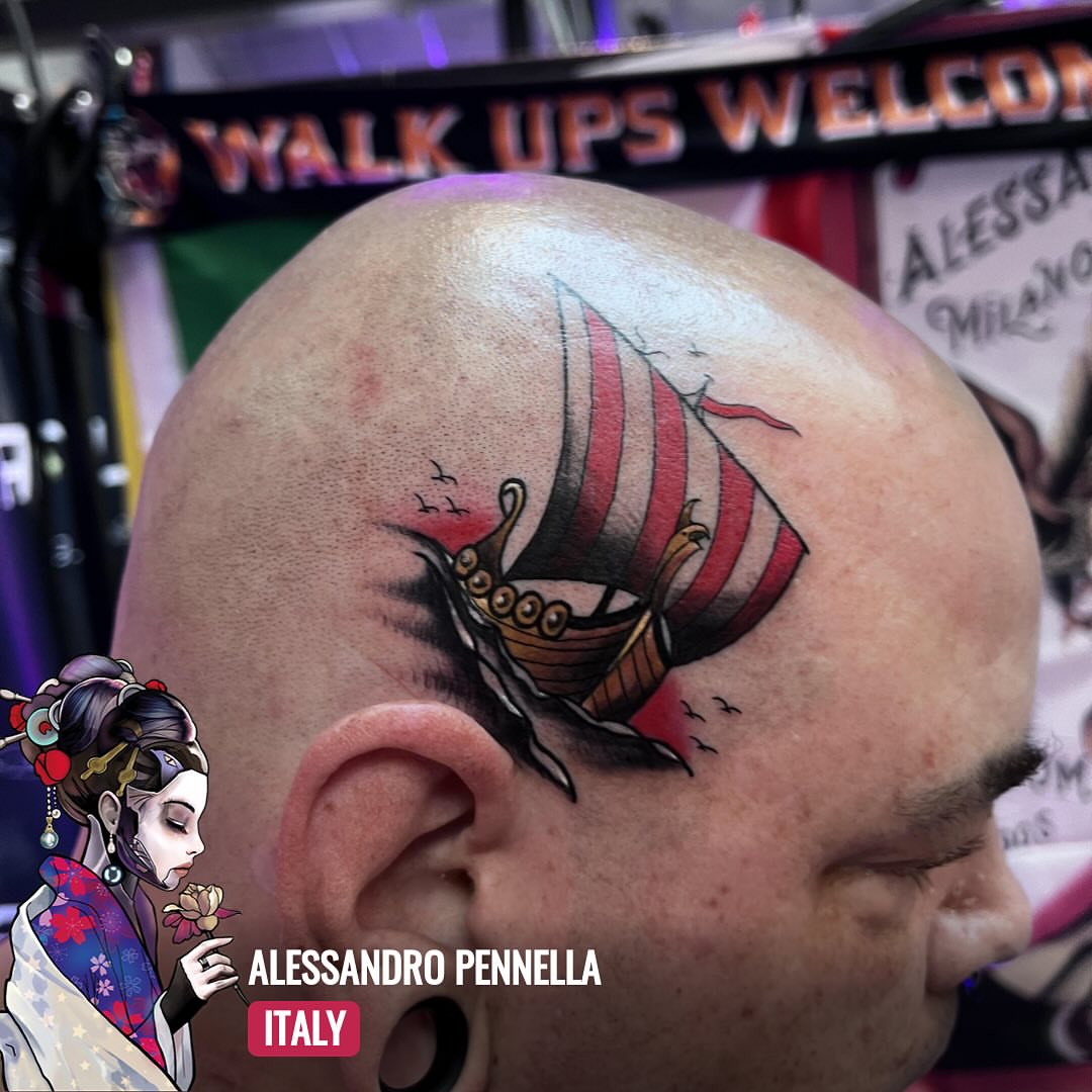 Ship realism tattoo on the head by Alessandro Pennella