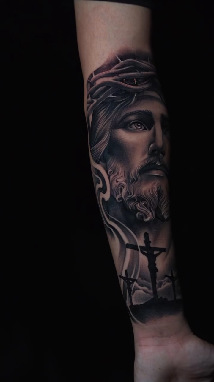 Jesus Christ portrait with crosses realism tattoo by P.Lok