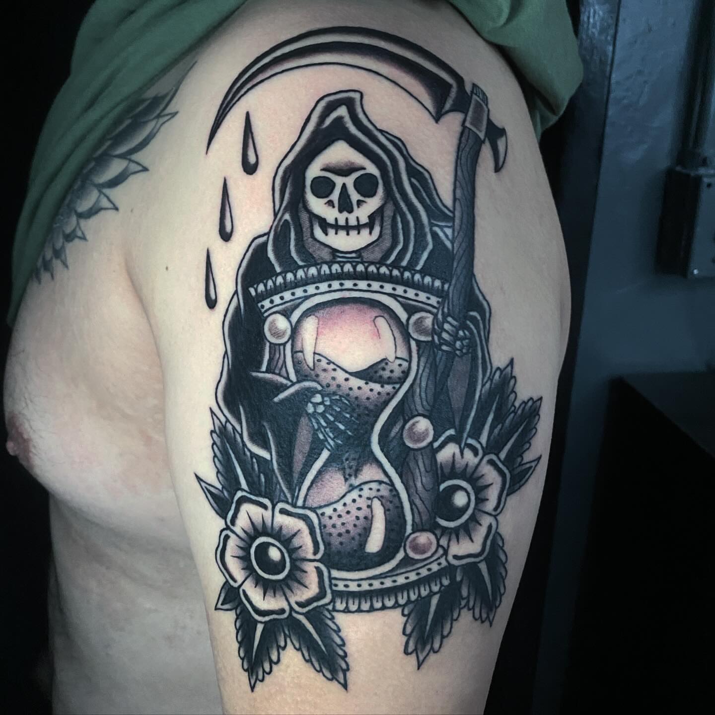 Reaper with heart American traditional tattoo on the thigh by Lindsey Cam Van