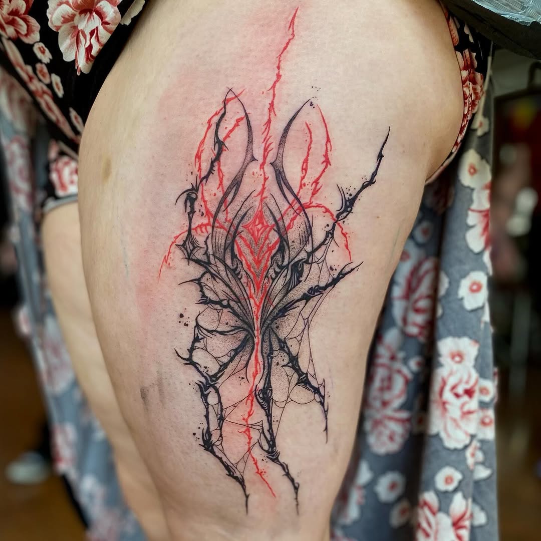 Tattoo by @madtatclub — blackwork, trash_polka