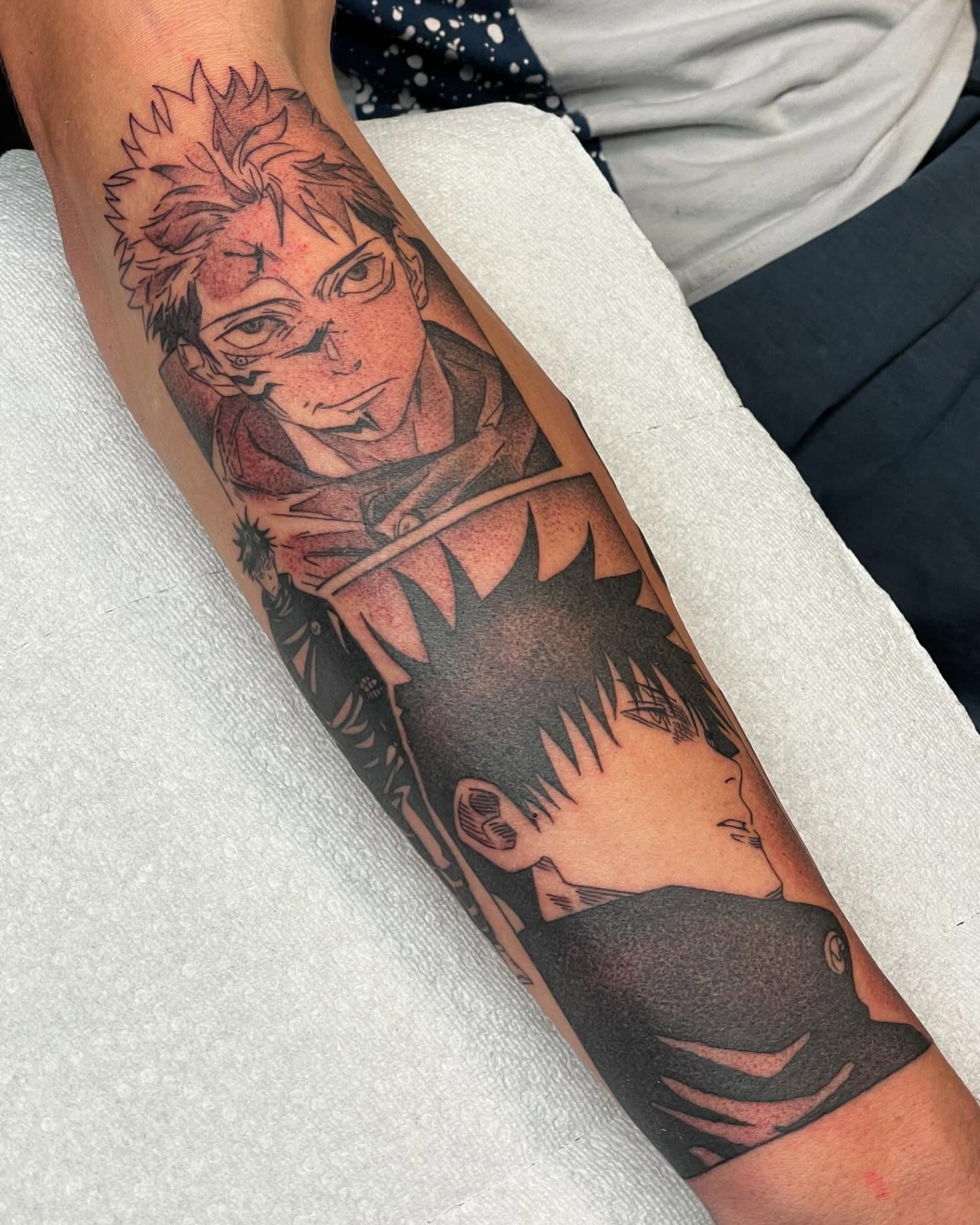 Anime characters anime tattoo on the forearm by Jesse (Dreadzilla)