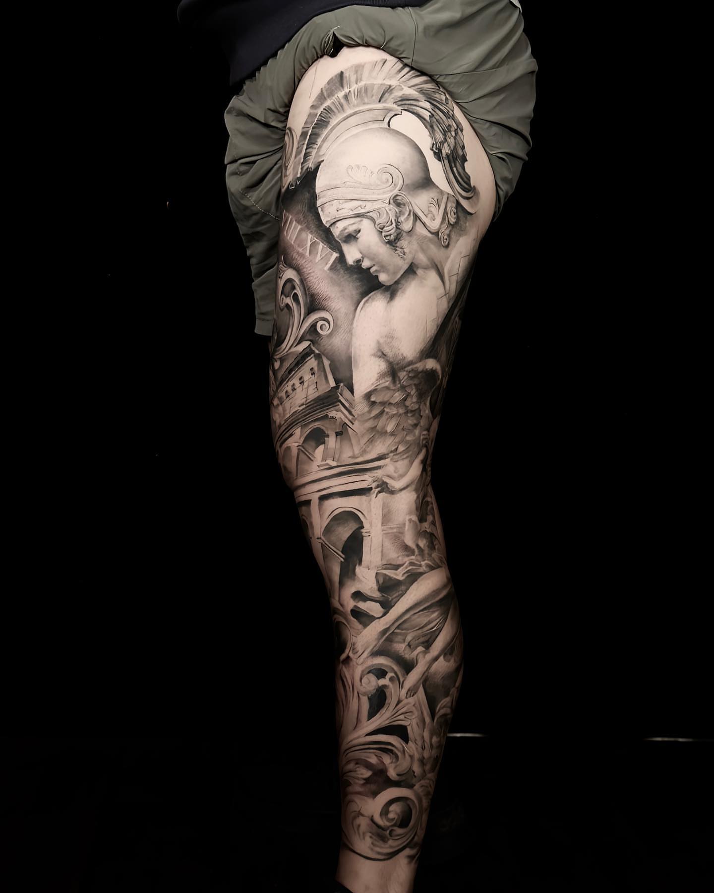 Statue and architecture realism tattoo on the calf by Alice Li, Houston, Texas
