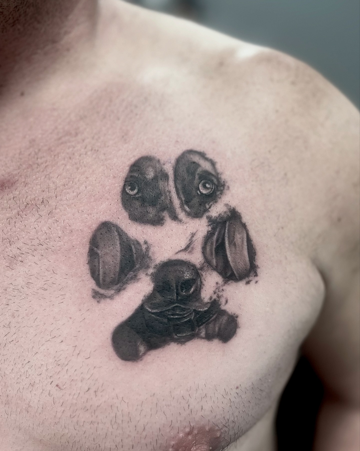 Dog paw print black and grey tattoo on the chest by Chelsea Speirs
