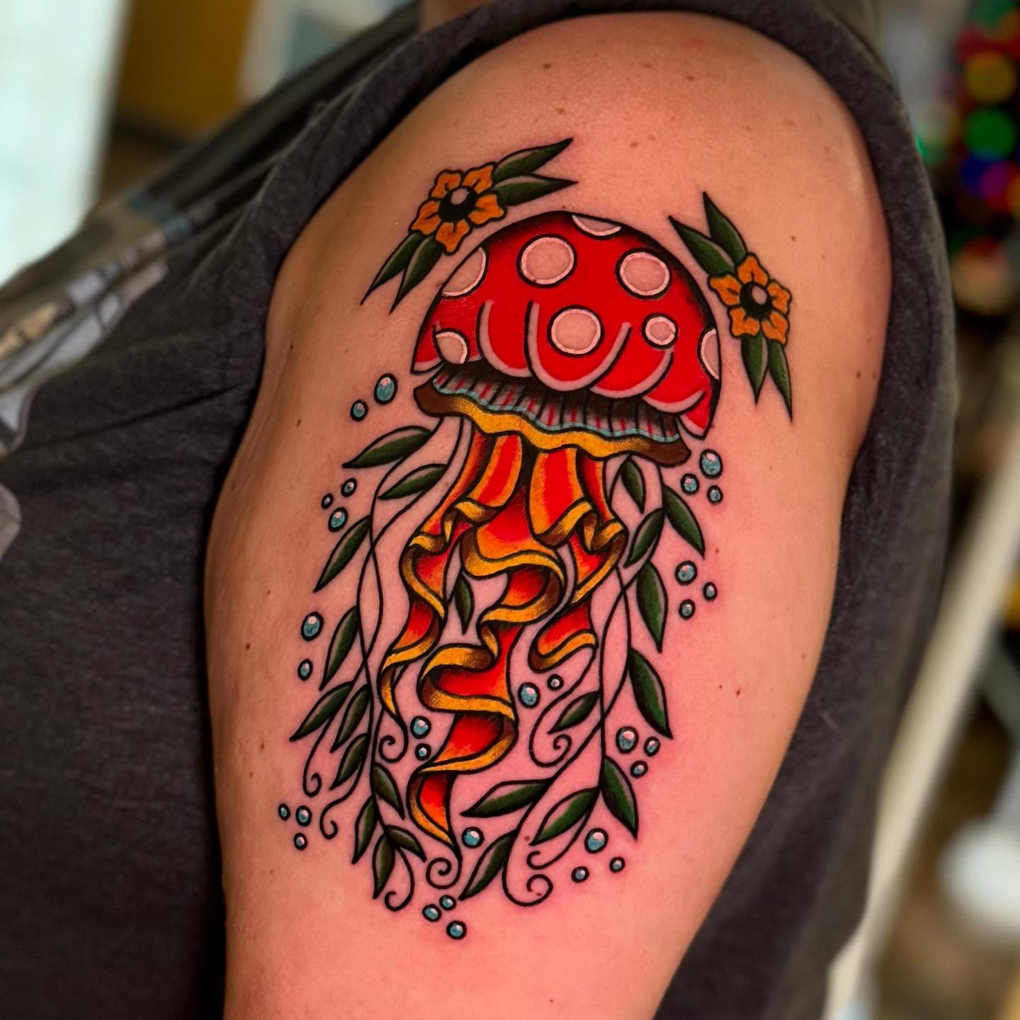 Jellyfish American traditional tattoo on the shoulder by 🌸Elena Scott🌵Ohio Tattoo Artist