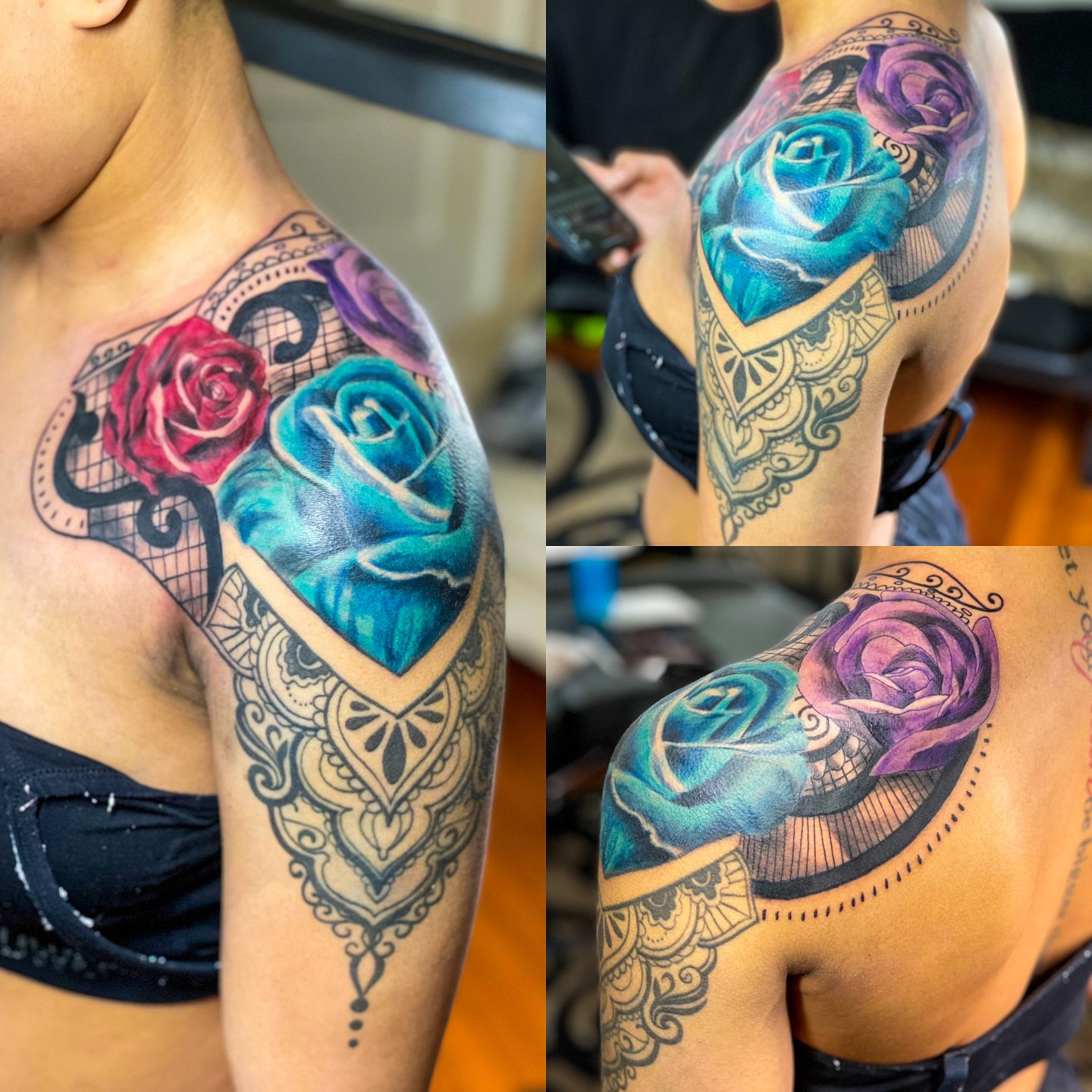 Roses neo-traditional tattoo on the shoulder by Emac, Baltimore, Maryland