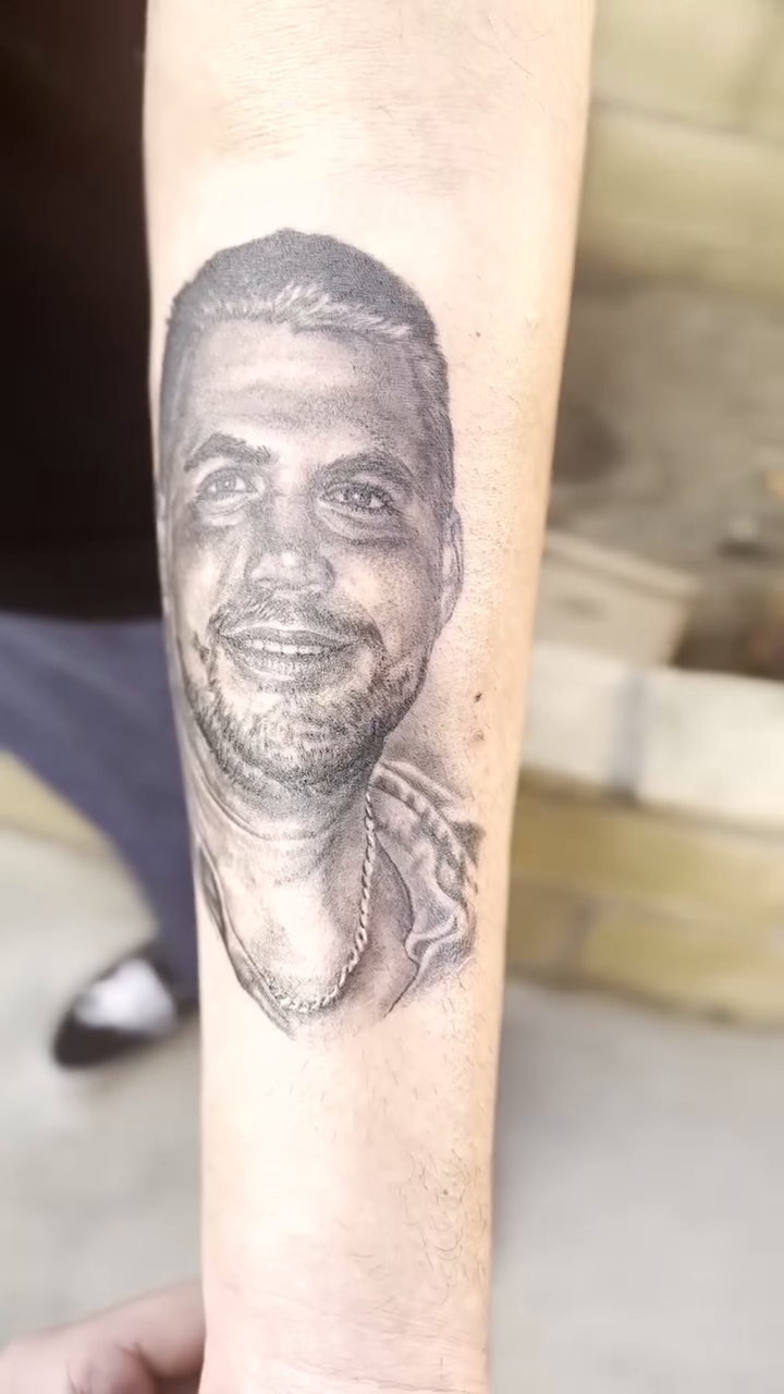 Portrait of a man realism tattoo by Adrian Dominguez, Las Vegas, Nevada