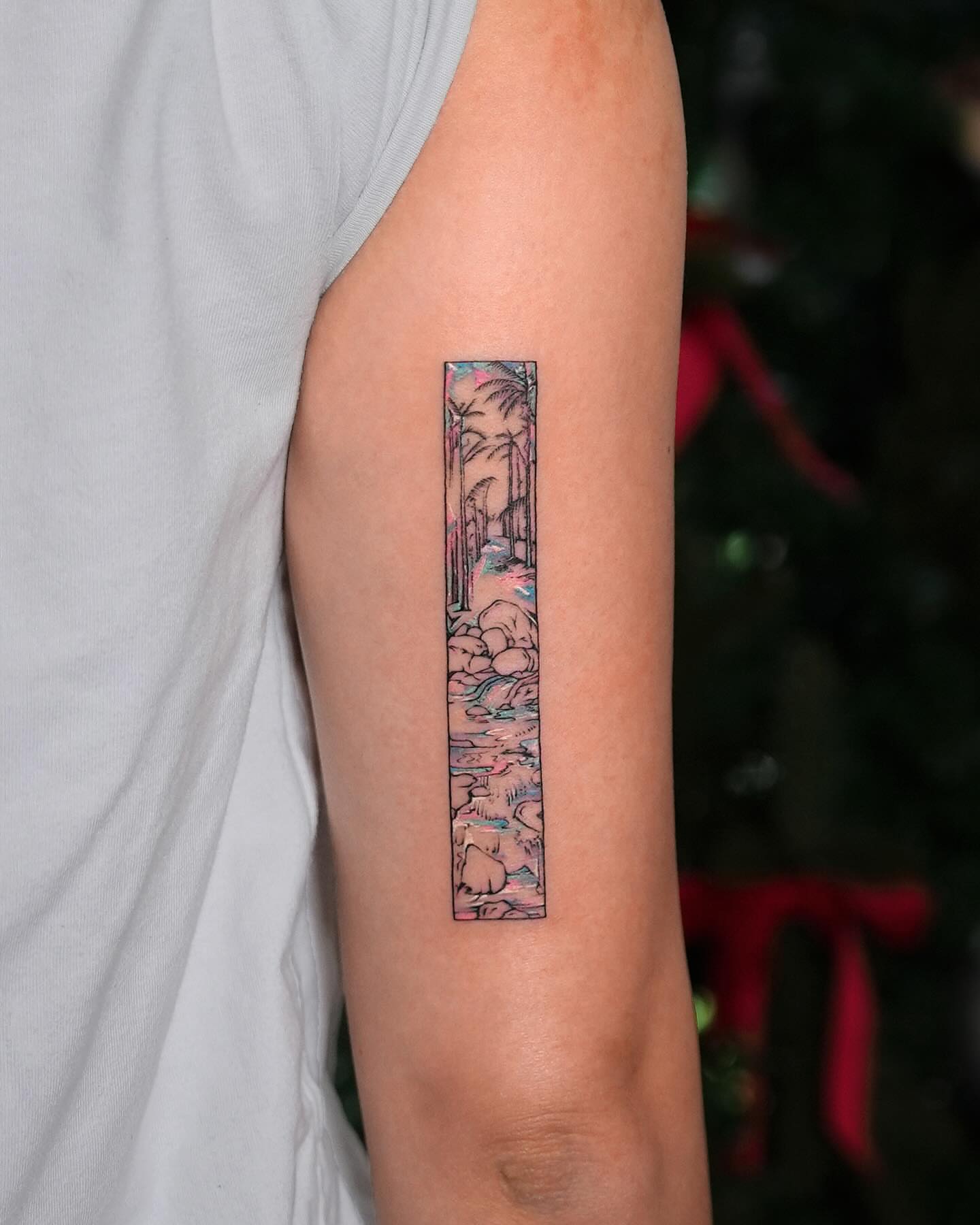 Forest landscape illustrative tattoo on the forearm by EQ