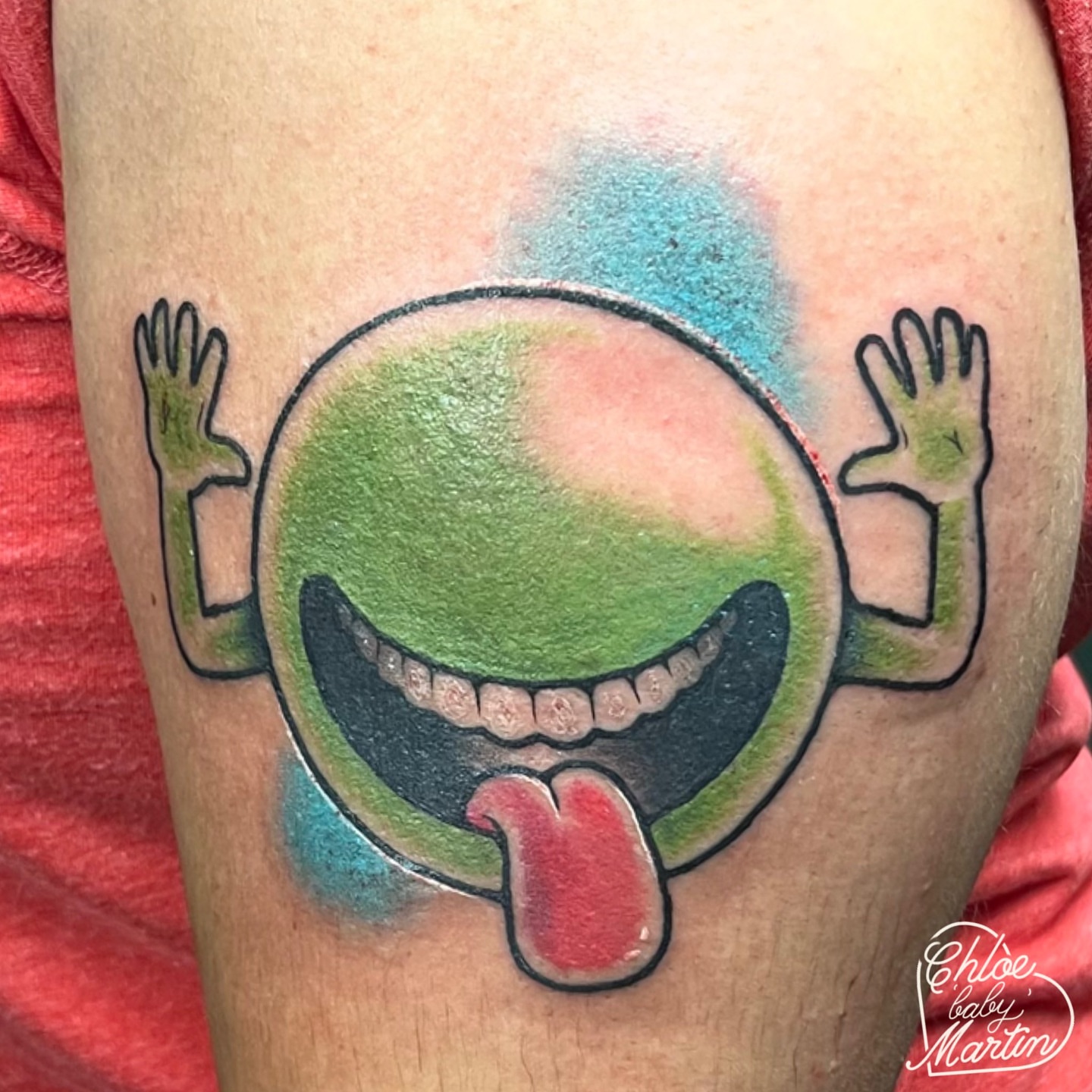 Smiley face new school tattoo on the forearm by Chloe ‘baby’ Martin