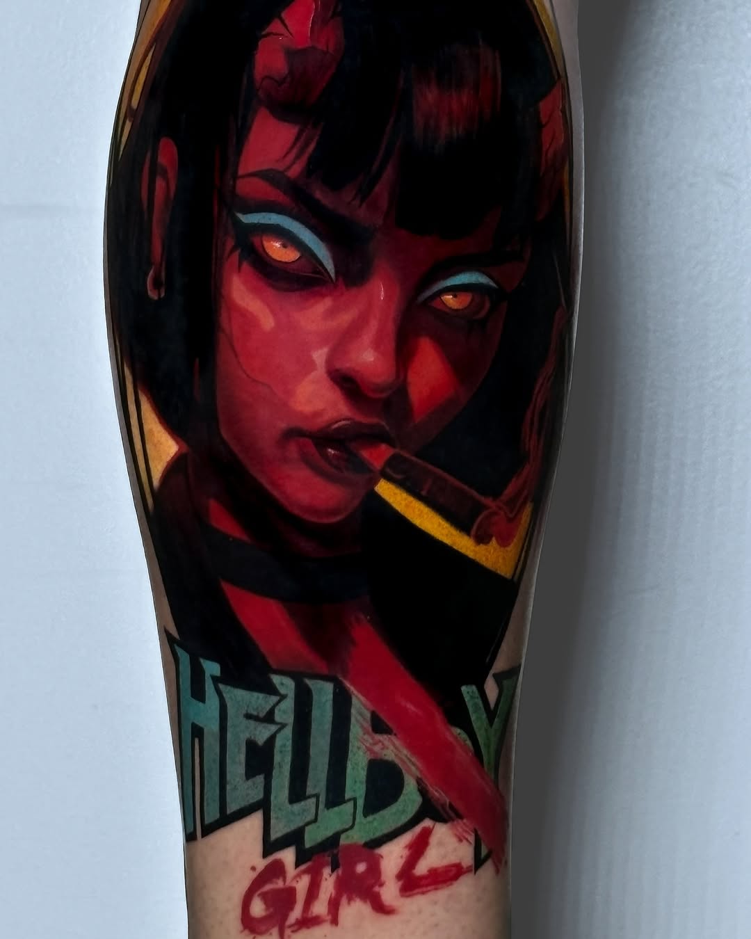 Devil girl with lipstick neo-traditional tattoo on the forearm by ✨ Tattoo Artist