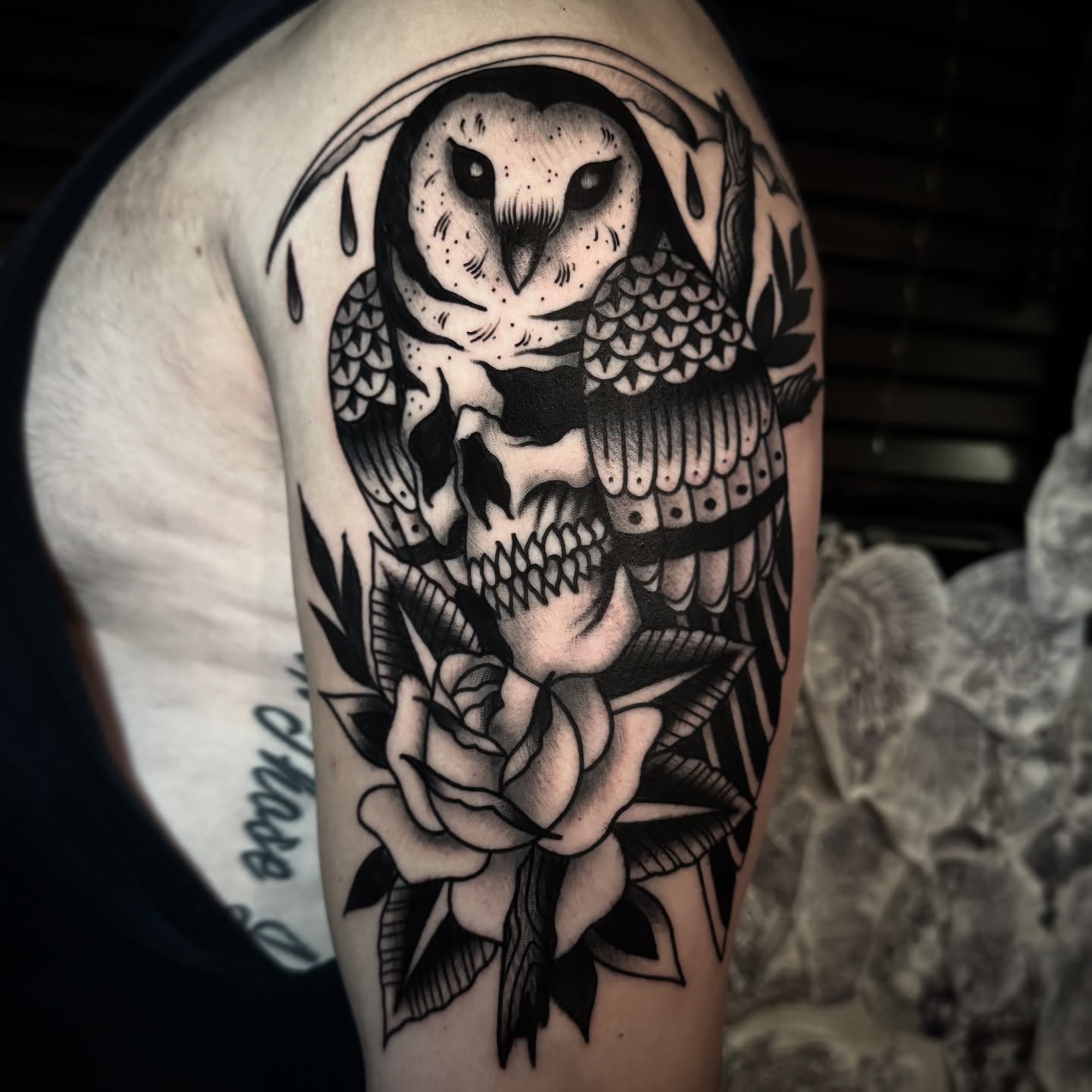 Owl and skull neo-traditional tattoo on the shoulder by K y l e   M a c K e n z i e, Salem, Massachusetts