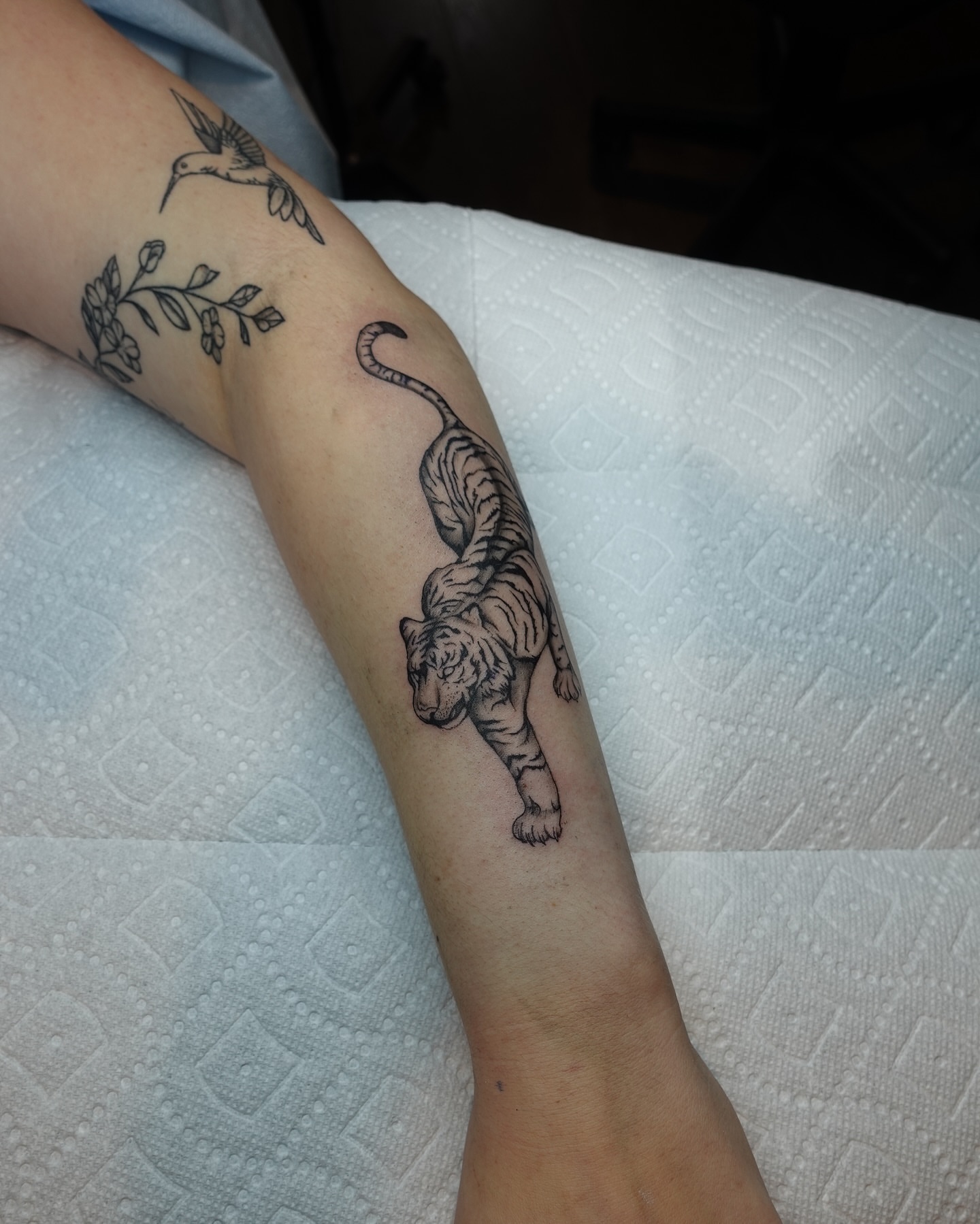 Tiger black and grey tattoo on the forearm by Tat by Brendan
