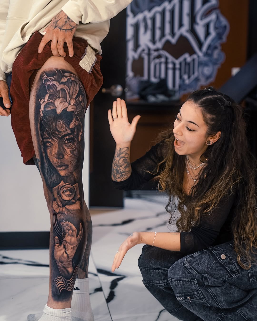 Surrealism tattoo on the leg by Mia