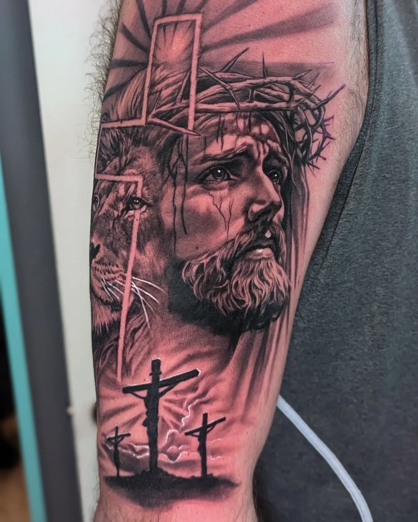 Religious figure realism tattoo on the forearm by Bethany Jane Tattoos