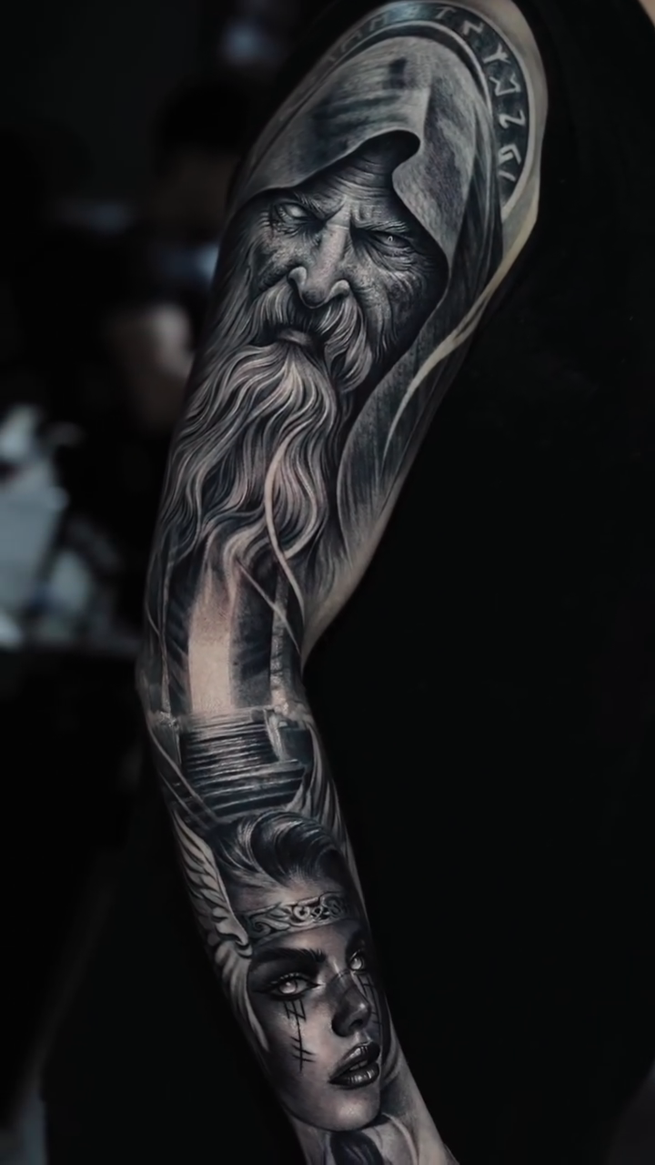 Old man with beard and hood realism tattoo by Sara Nieto.