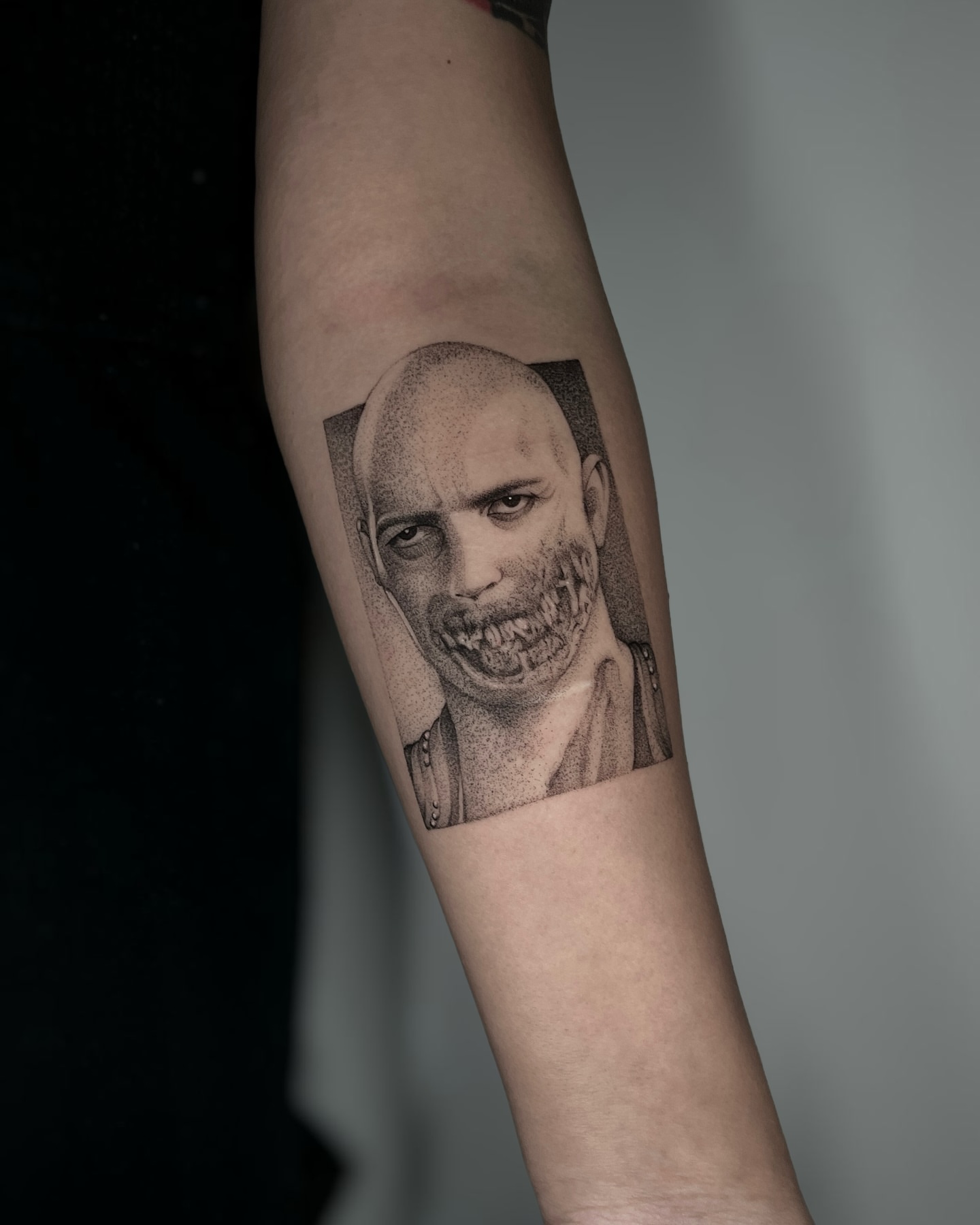 Portrait dotwork tattoo on the forearm by Cybersigilism & Fineline Blackwork