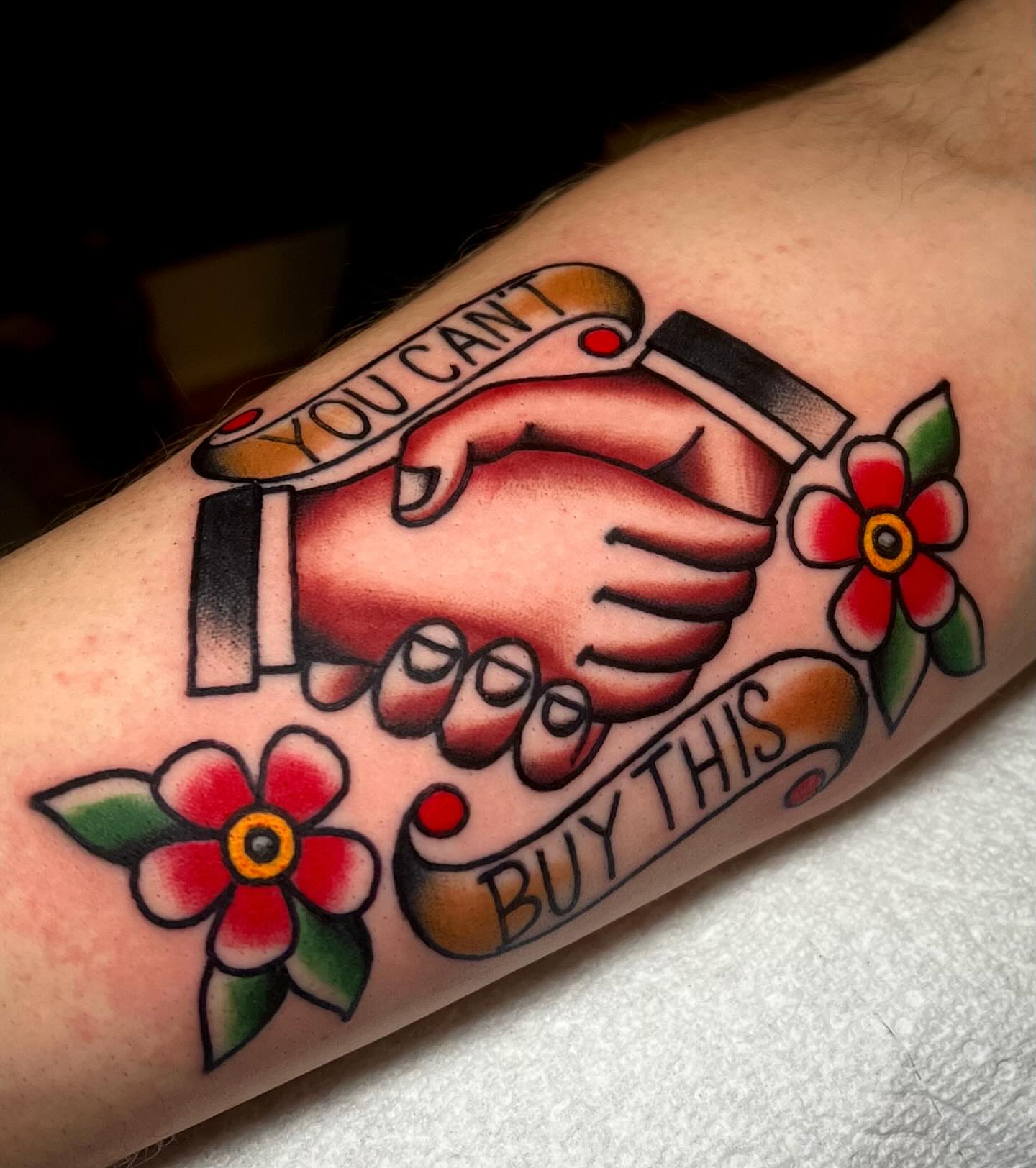 Shake hands American traditional tattoo on the forearm by ReadyFreddie_tattoo