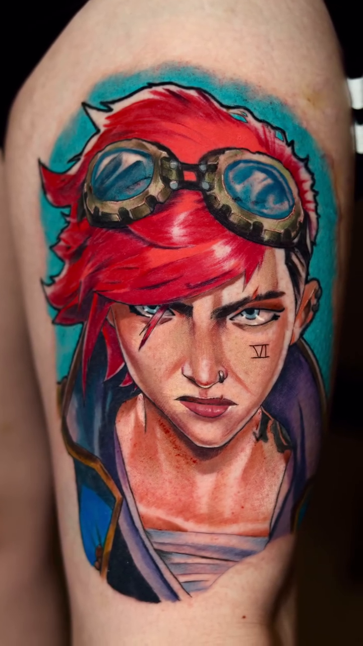 Vi from Arcane anime tattoo by Luis Arenas