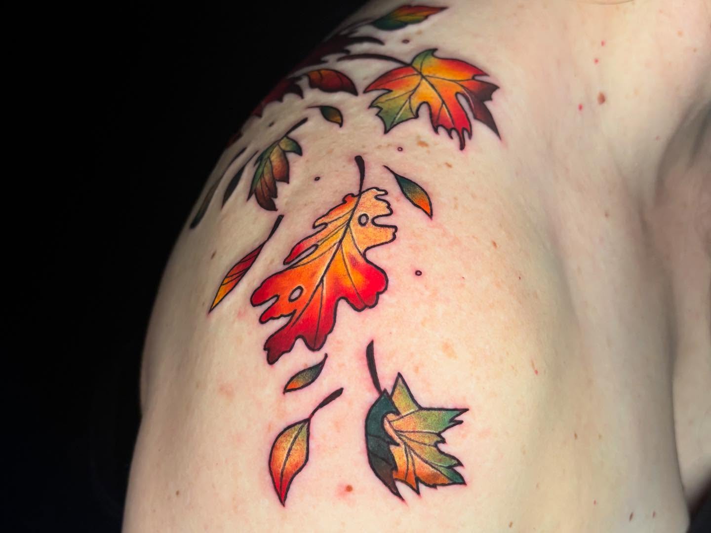 Fall leaves dotwork tattoo on the shoulder by Chelsey Moore, Albuquerque, New Mexico