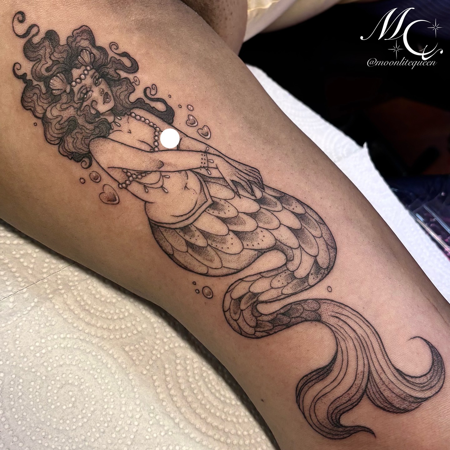 Tattoo by @moonlitequeentattooist — dotwork, black_and_grey