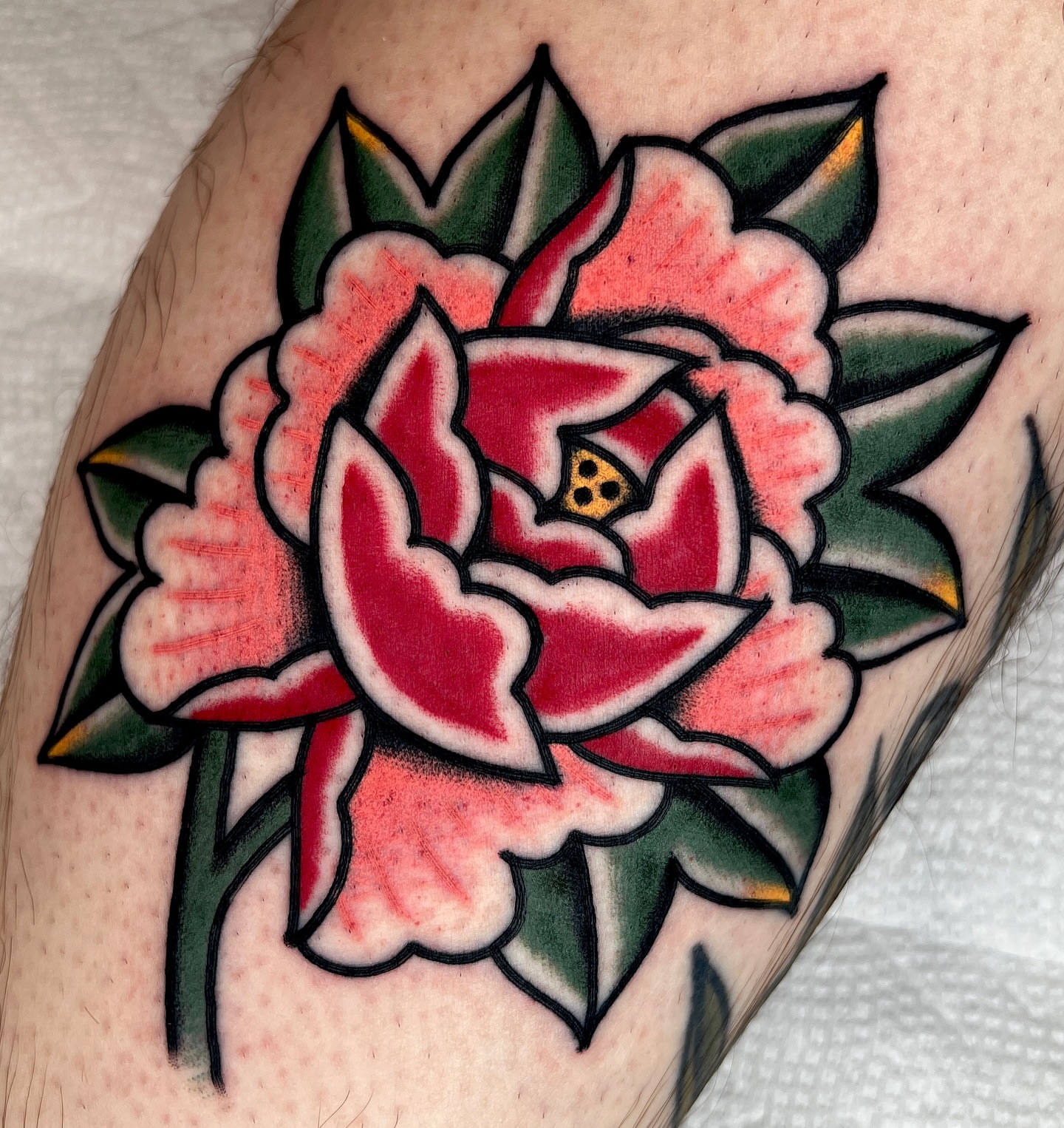 Rose American traditional tattoo on the forearm by Ian Jett