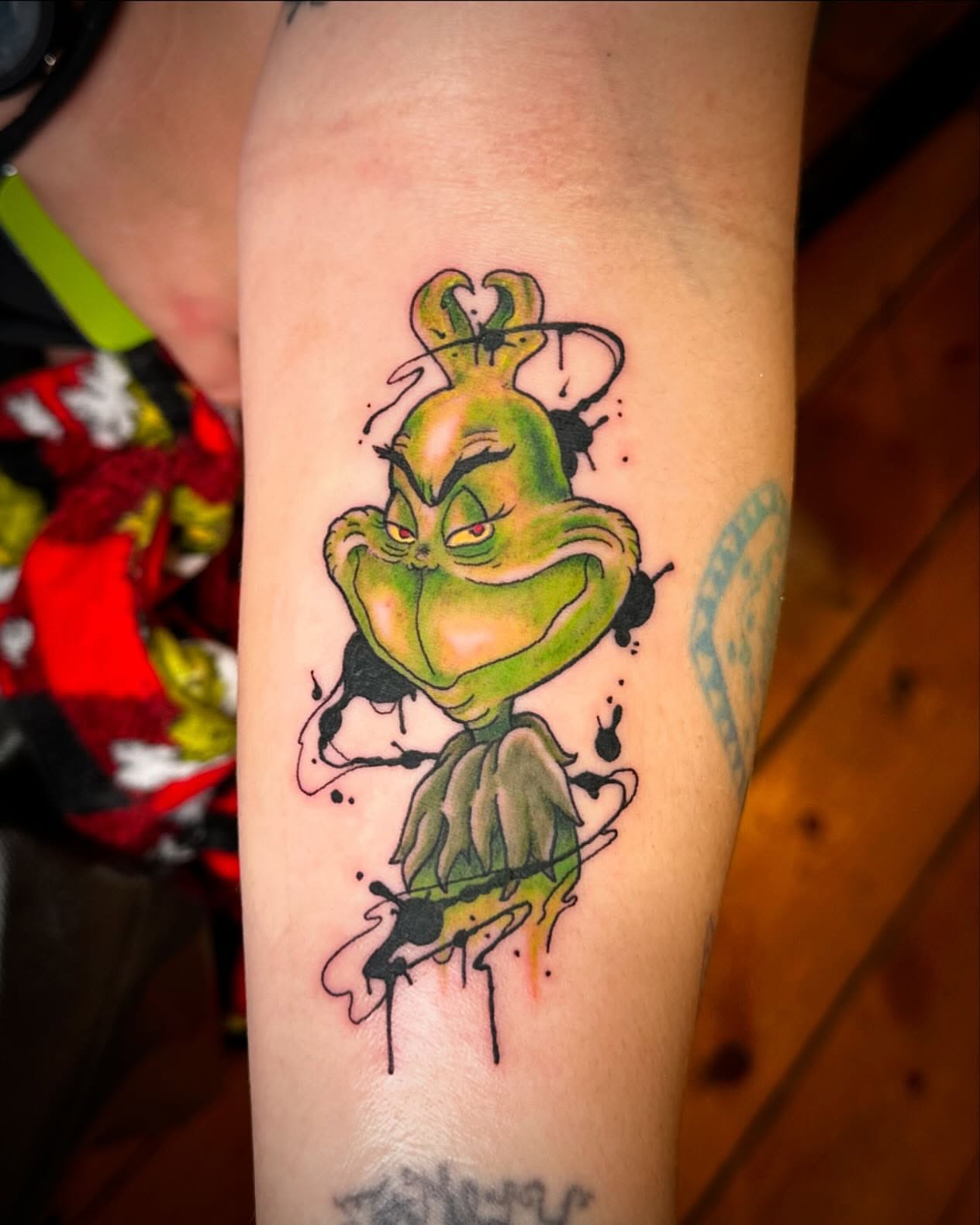 The grinch dotwork tattoo on the forearm by manda, Lebanon, Ohio