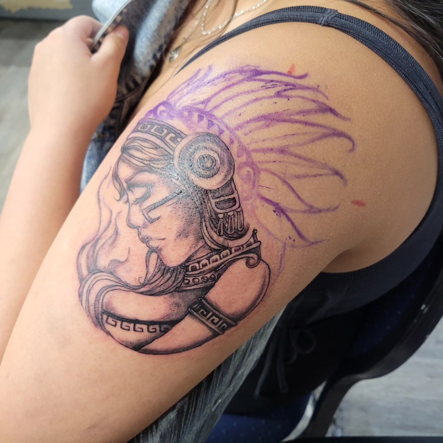 Indian warrior black and grey tattoo on the shoulder by LolaCat🐉