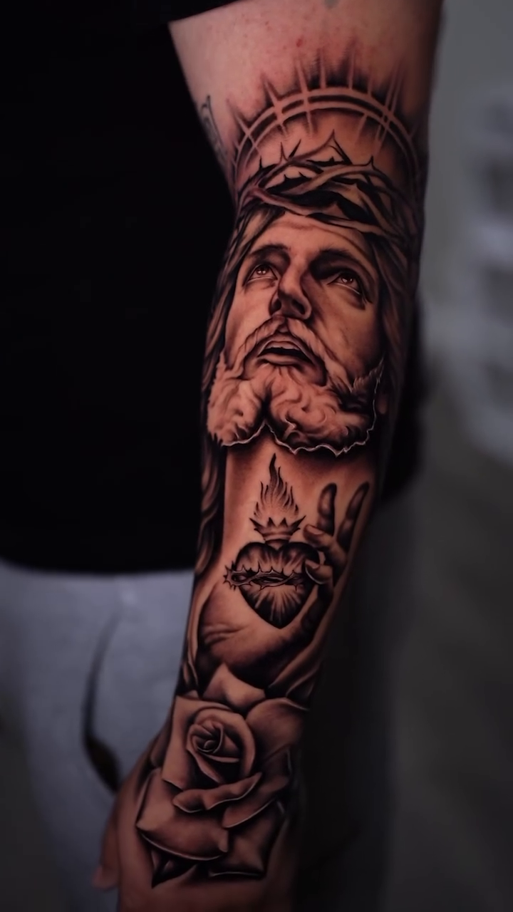 Jesus Christ and roses realism tattoo by Esto