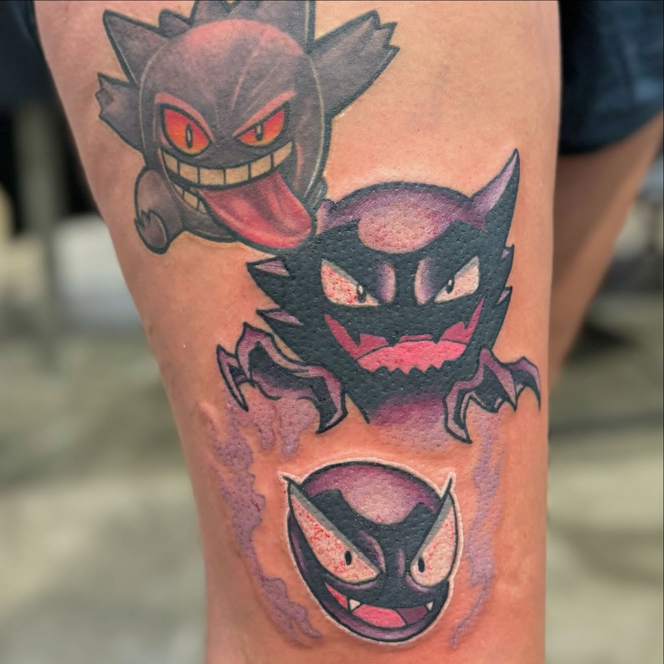 Gengar evolution dotwork tattoo on the thigh by Michael James, Bronx, New York