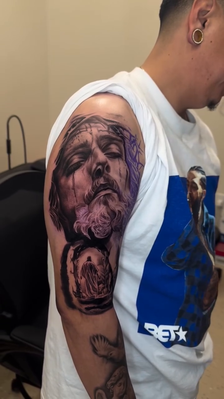 Portrait of a man realism tattoo by Ian Chancellor, Leighton Buzzard, England