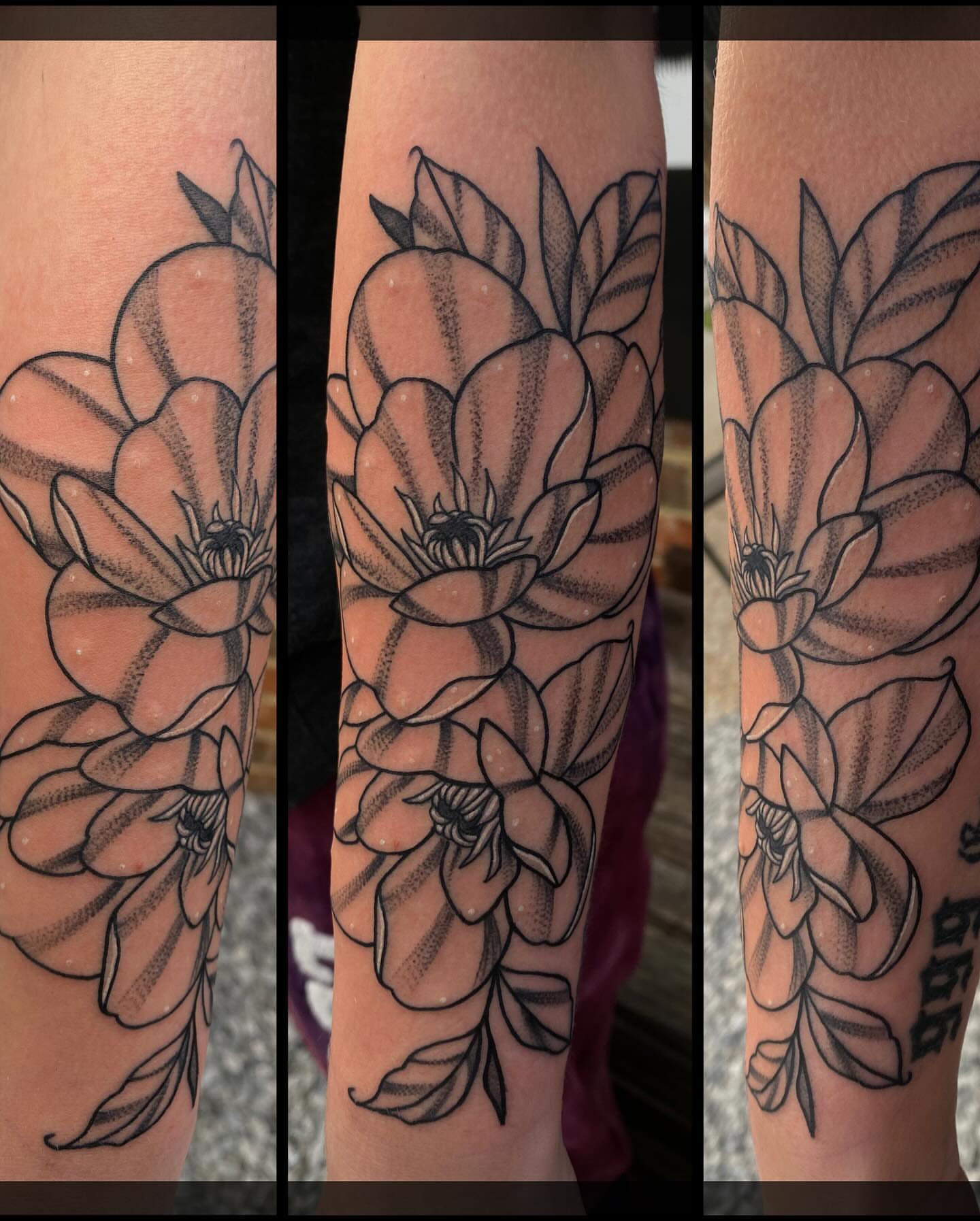 Flower bouquet black and grey tattoo on the forearm by Romans