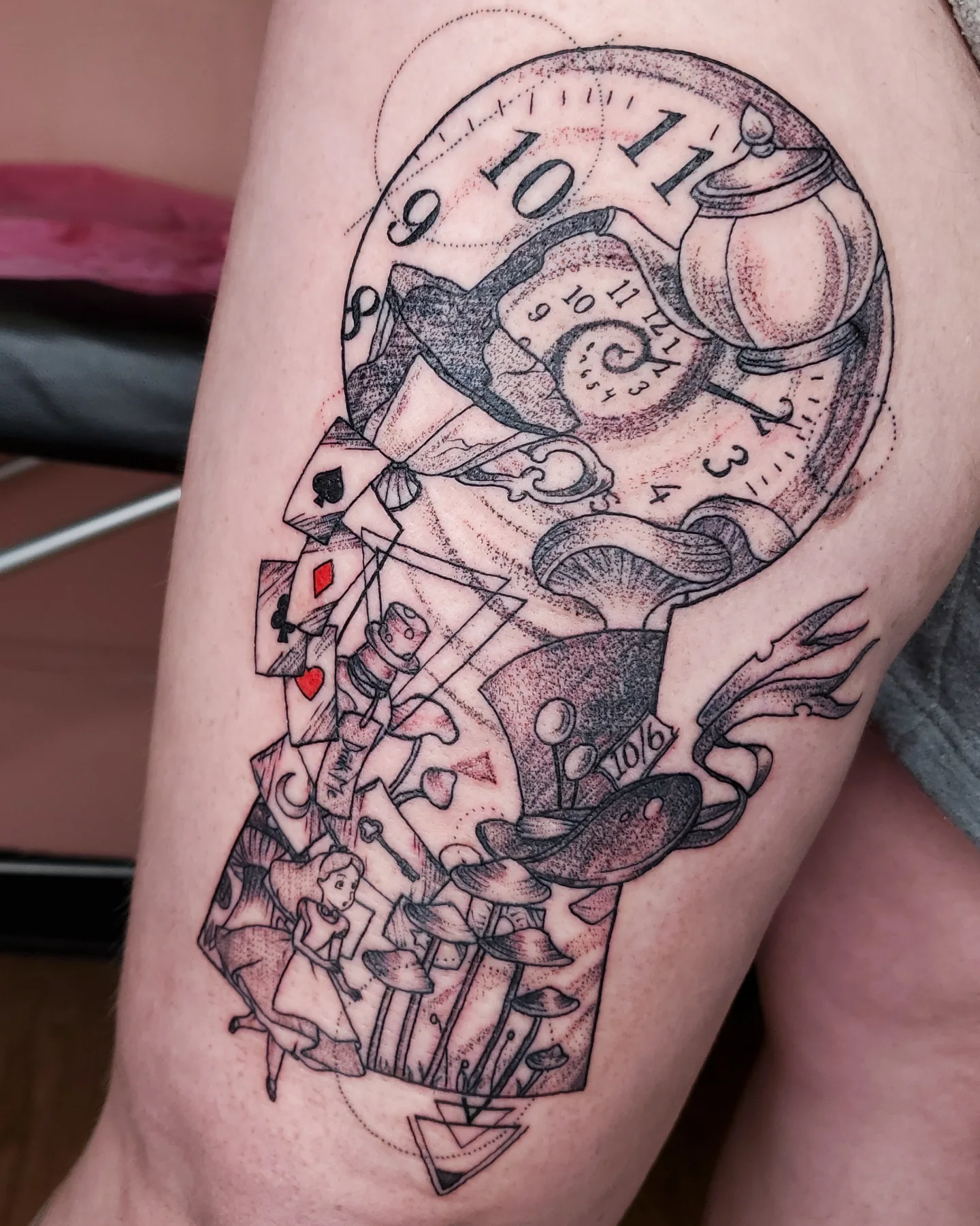 Alice in Wonderland dotwork tattoo on the thigh by Sum'er Daize Tattoos