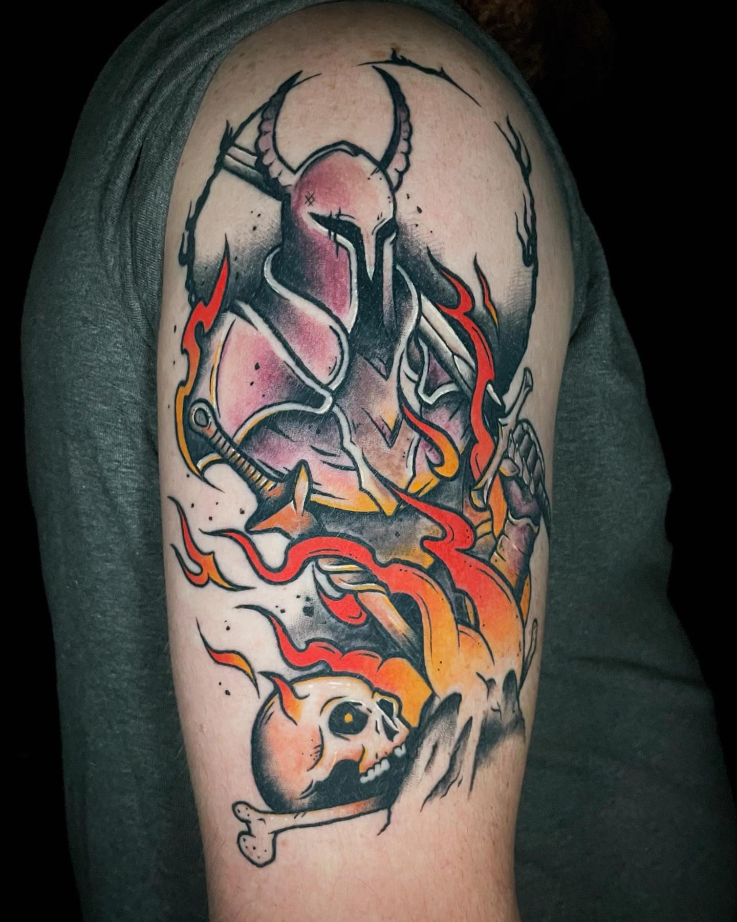 Demon skull neo-traditional tattoo on the forearm by Bryce Presley, Mission, Kansas
