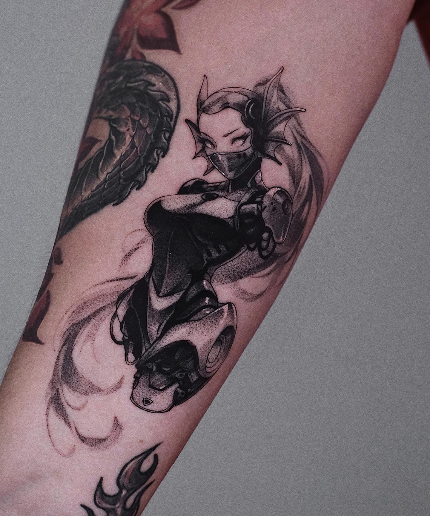 Tattoo by @tattooist_monday — anime, dotwork