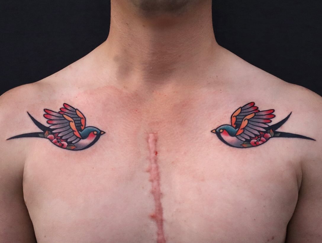 Birds American traditional tattoo on the chest by 부산타투