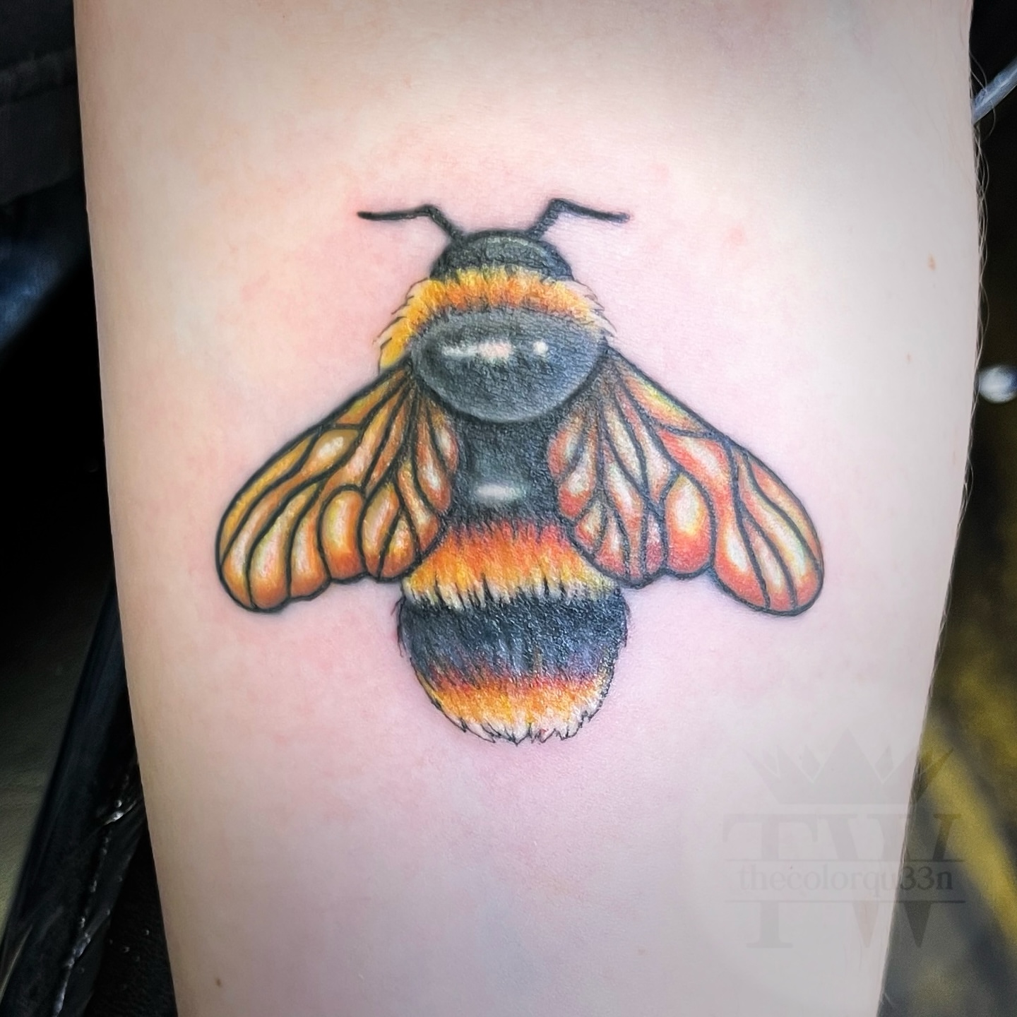 Bumblebee realism tattoo on the thigh by Taylor Tha Color Queen