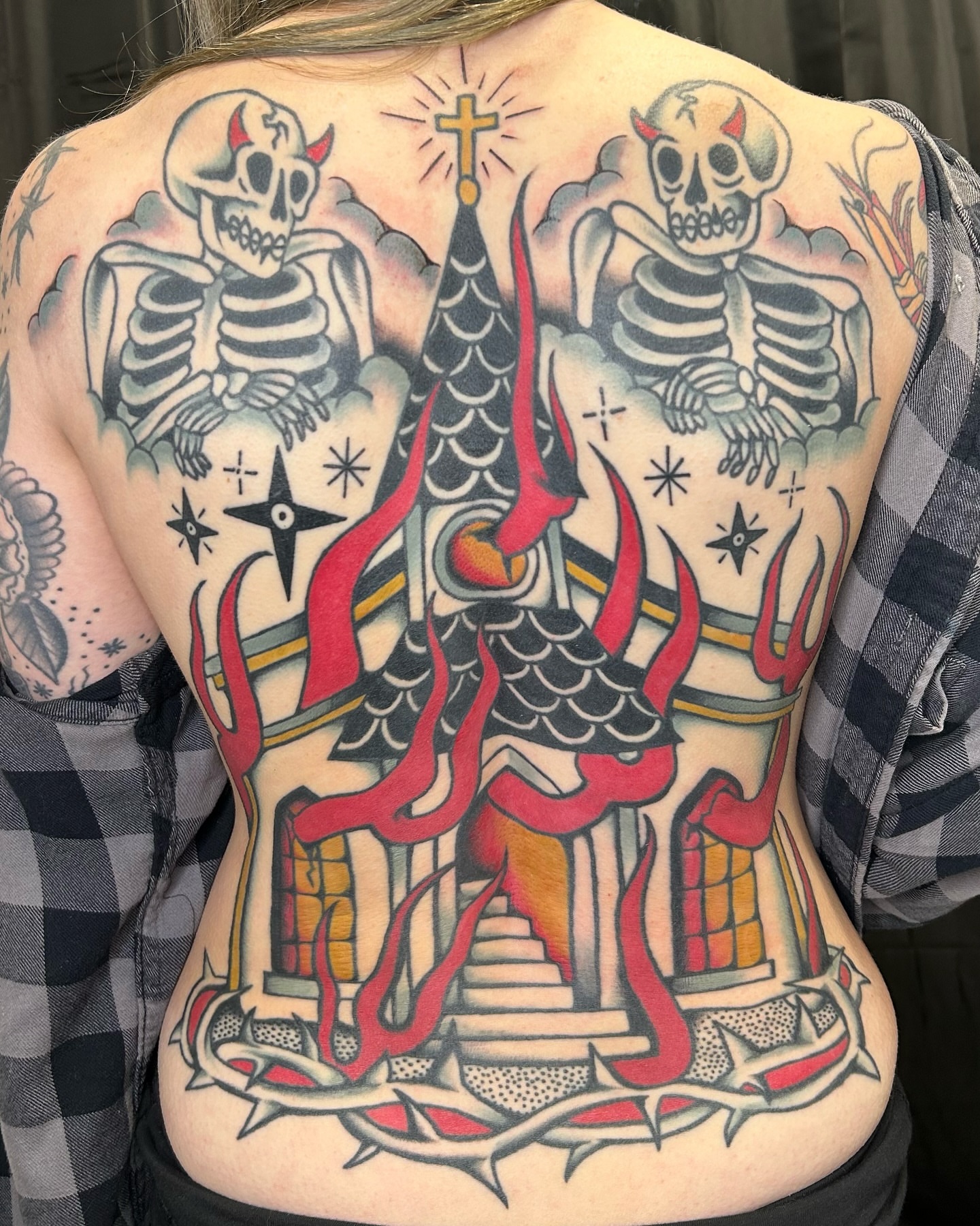 Church with flames American traditional tattoo on the back by ☻ darby robertson ☻