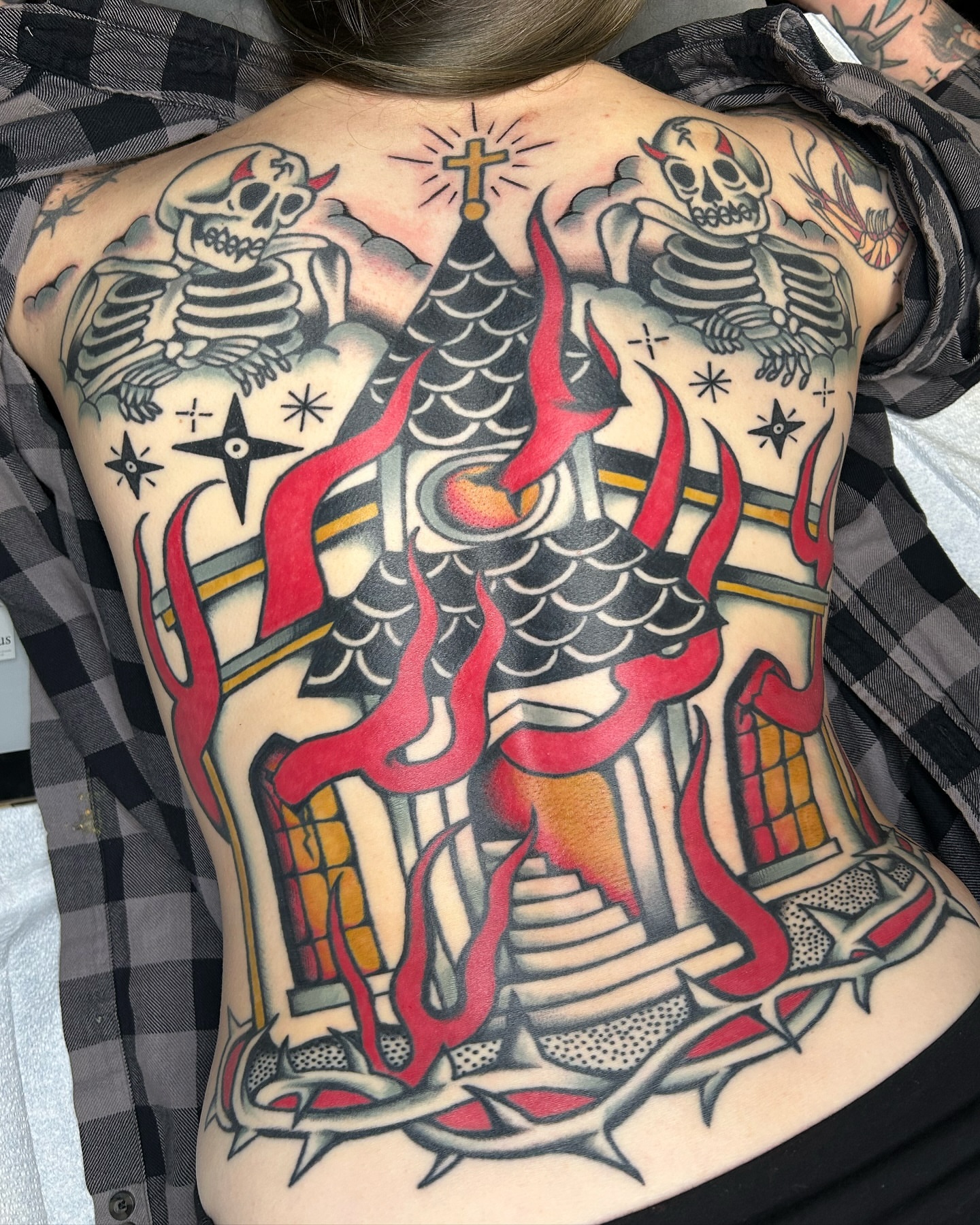 Church with flames American traditional tattoo on the back by ☻ darby robertson ☻