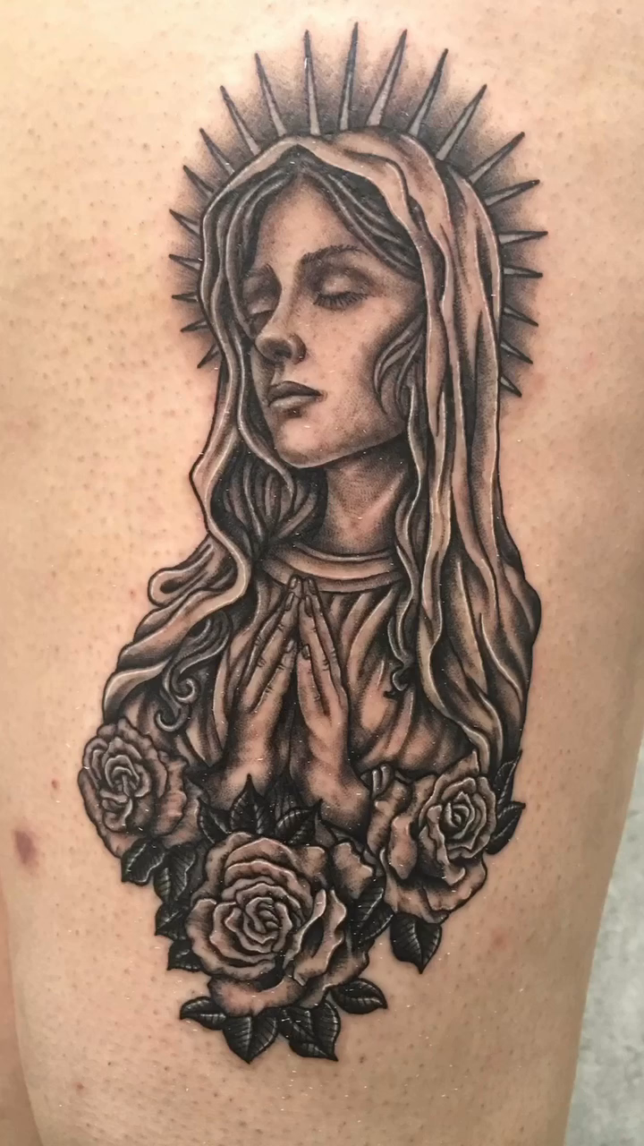 Virgin Mary with roses Chicano tattoo on the thigh by Joshua Shawn