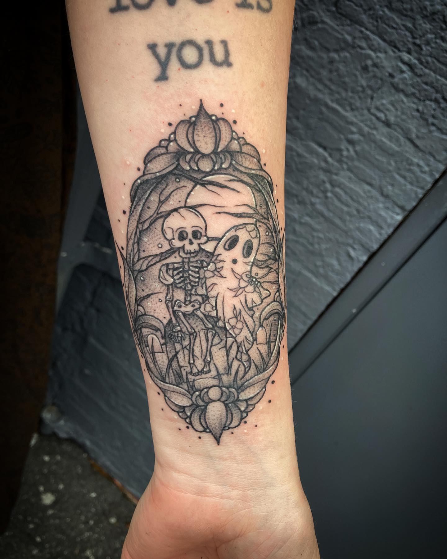 Skeleton and ghost dotwork tattoo on the forearm by โจ๐๐๐ฑ๐ฑ๐ฌ๐ฌ๐ฐ ๐๐ถ ๐๐ฏ๐ฆ๐ซโจ