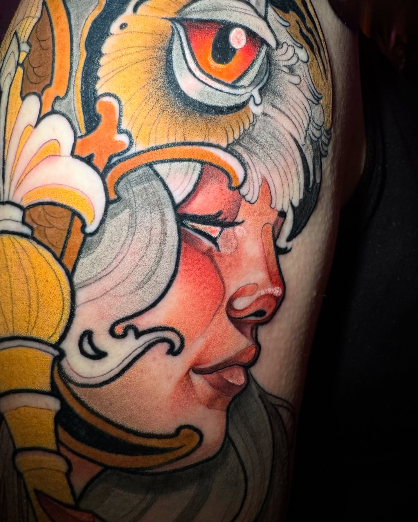 Woman's face American traditional tattoo on the forearm by Matt - Neotrad Tattoos, New York, New York