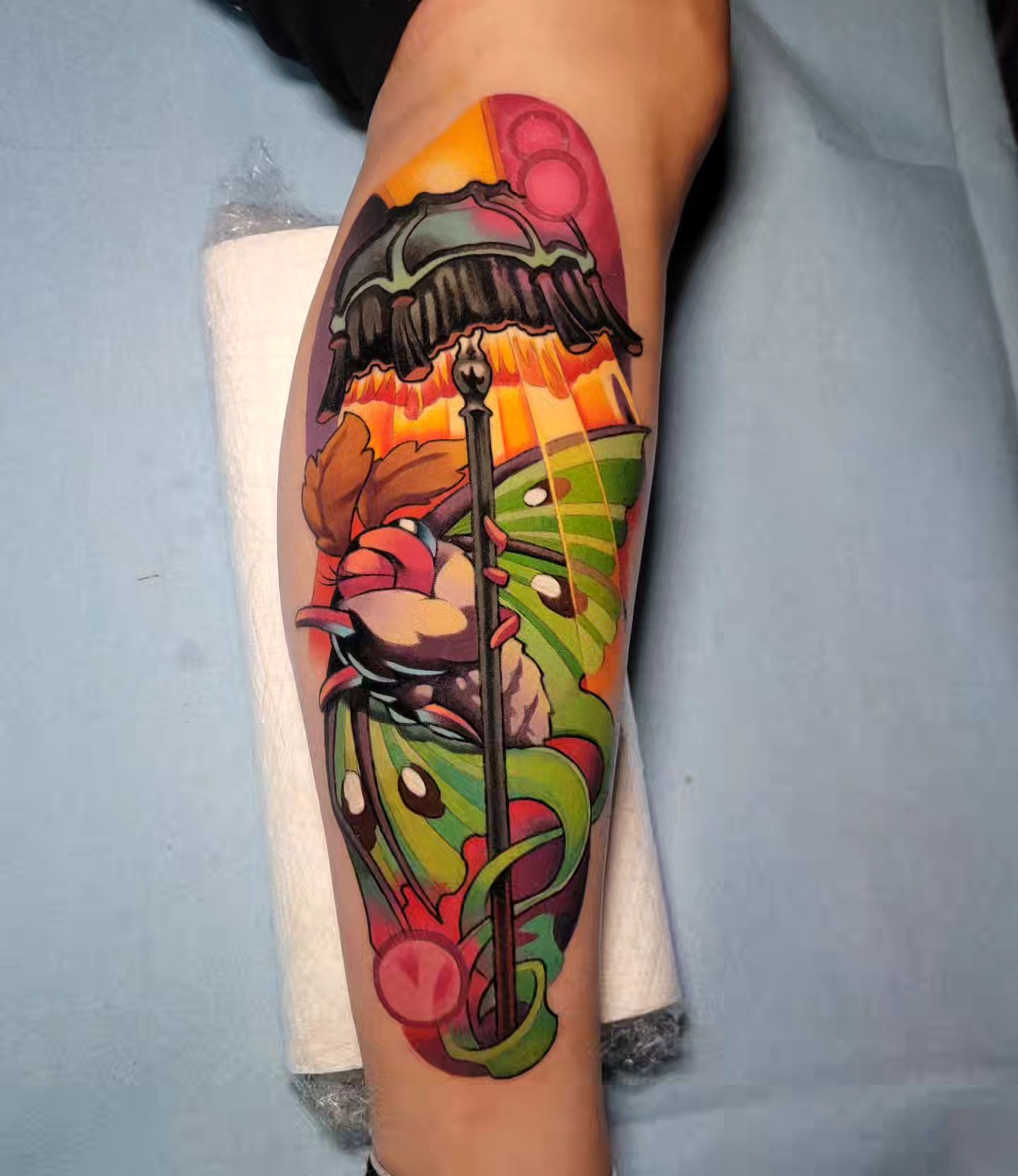 Butterfly and lamp American traditional tattoo on the calf by Anime and newschool tattoos in Harker