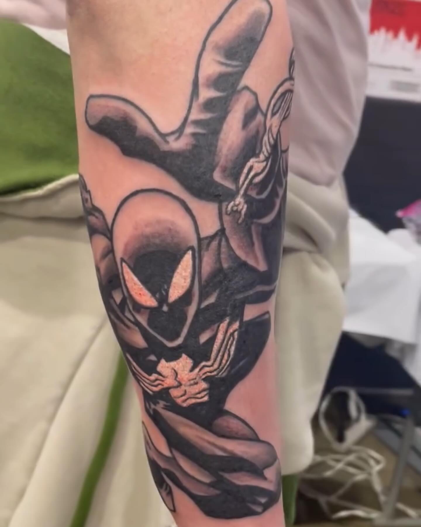 Spider-man black and grey tattoo on the forearm by Michael James, Bronx, New York